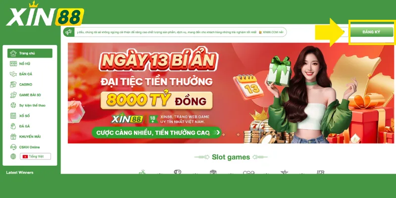 Chọn nút đăng ký tại trang chủ
