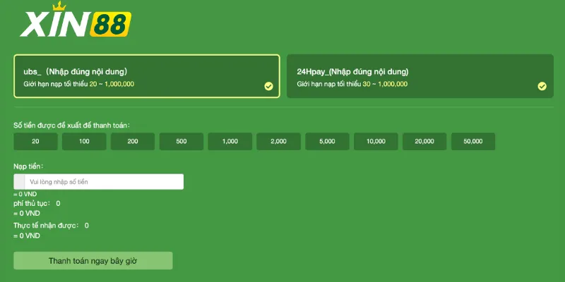Nạp tiền Xin88 bằng USDT